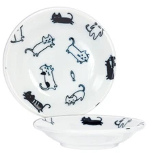 SET of 2 Japanese 4"D Soy Sauce Wasabi Dipping Dish Kuro Neko Cats Made in Japan