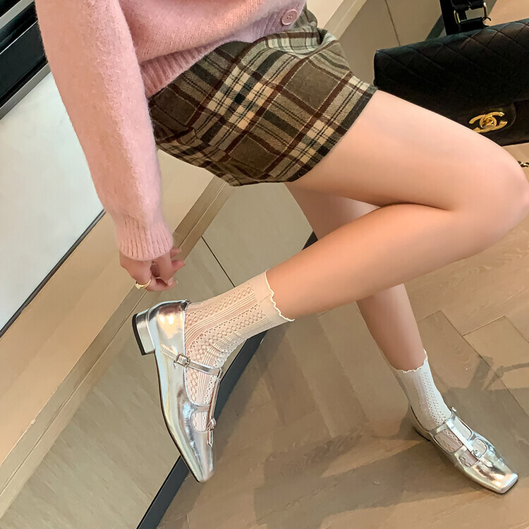 Women's 2024 Fashion Leather Square Toe T Strap Low Heel