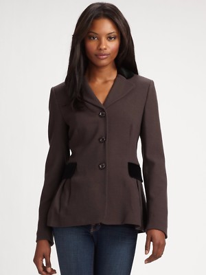 LOVE MOSCHINO BROWN WOOL PLEATED BLAZER JACKET  VELVET COLLAR & TRIM  4