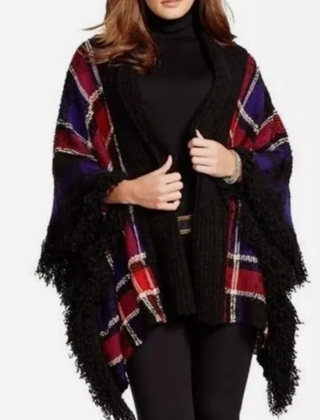 Lauren Ralph Lauren Wool Fringe Trim Boucle Poncho Cardigan Plaid Small Petite