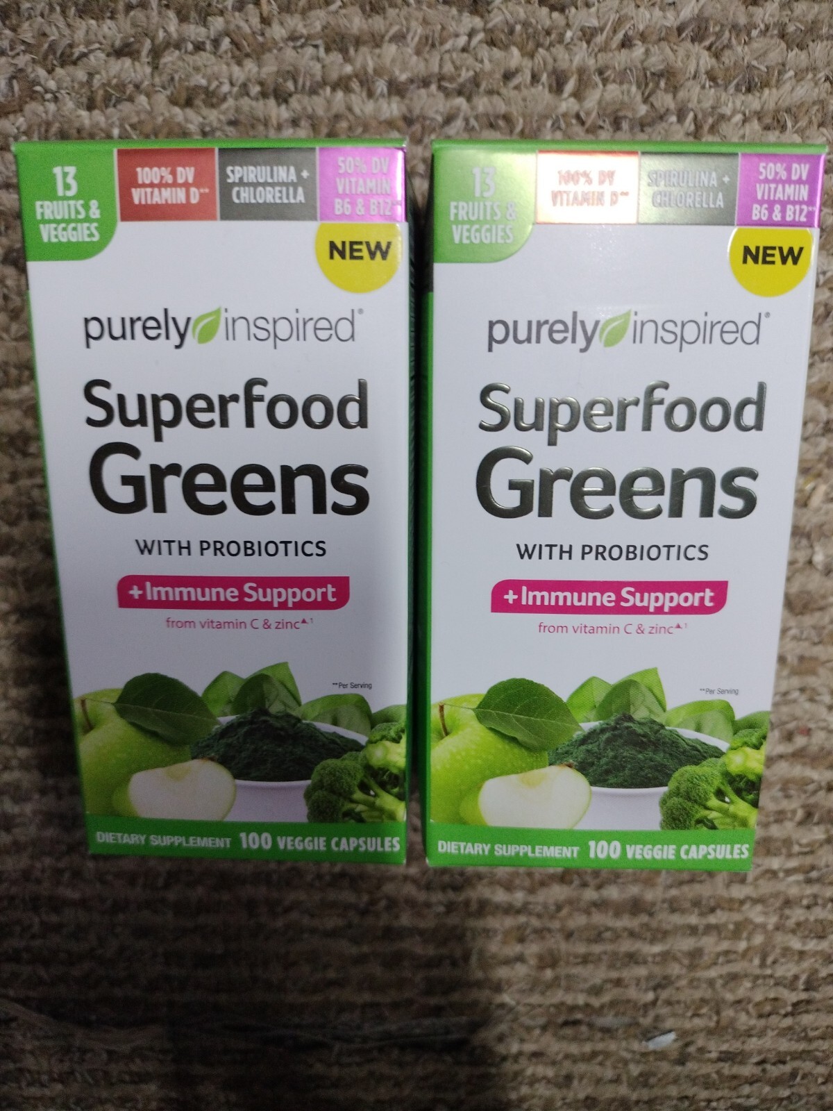 Lot 2 Purely Inspired Superfood Greens w/ Probiotics 100 Capsules Ea Exp 4/2024