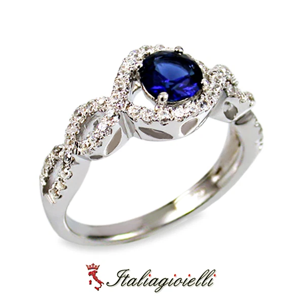 Fastoso Anello Brillante con Zaffiro in Argento 925 Rodiato Oro Bianco - Immagine 3 di 4