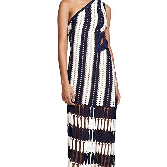 Self Portrait NWT Striped Crochet Asymmetric Maxi Dress SZ Us 0 Uk 4