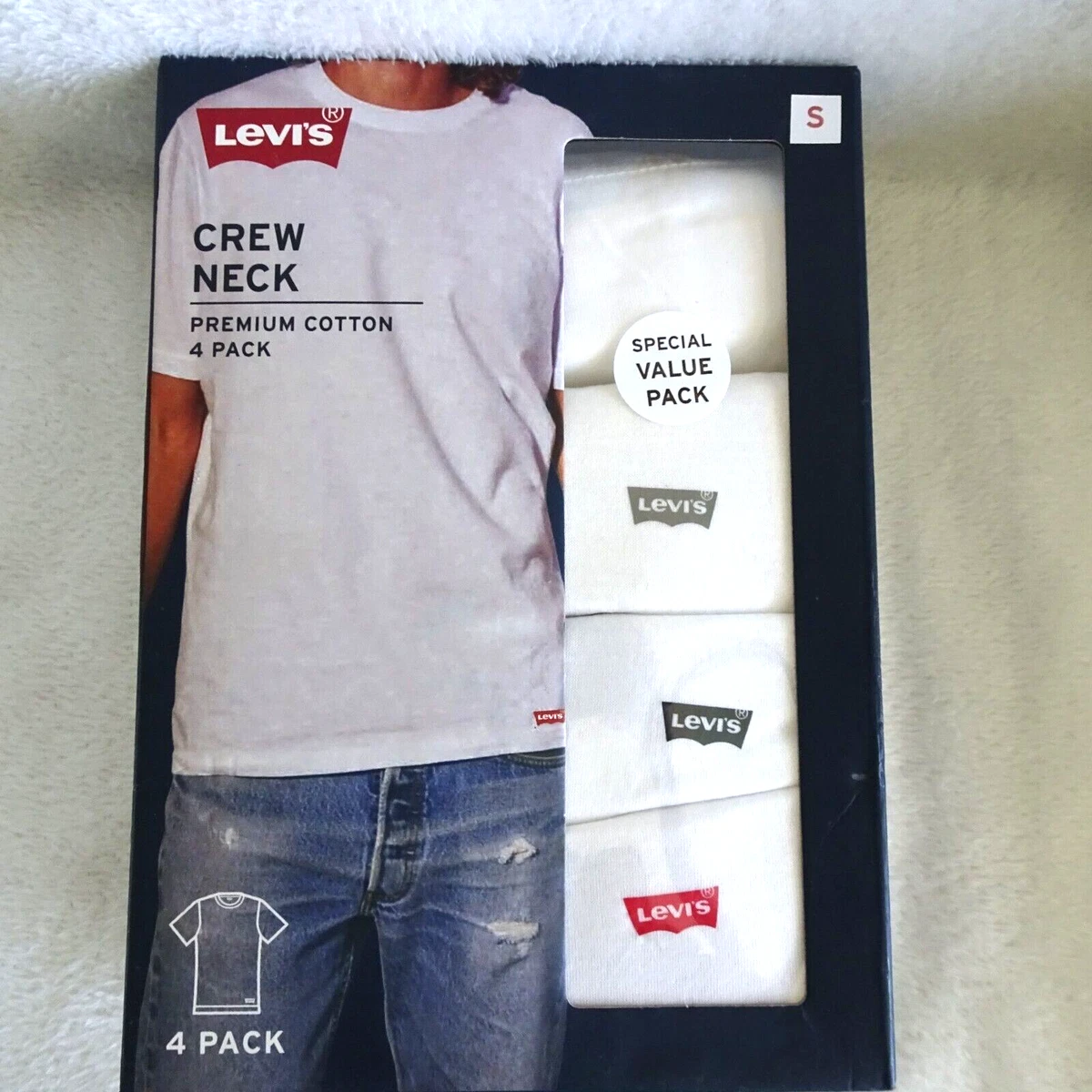 Levi's Men's Premium Cotton 4 White Crew Neck T-Shirt Underwear Small 34-36