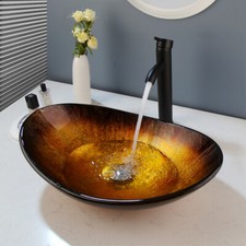 Bathroom Basin Glass Vessel Sink Oval Mixer Faucet Black Pop Up Drain Combo Kit