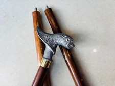 36" Handmade Wooden Walking Stick with Wolf Head Handle – Vintage Style Aluminum