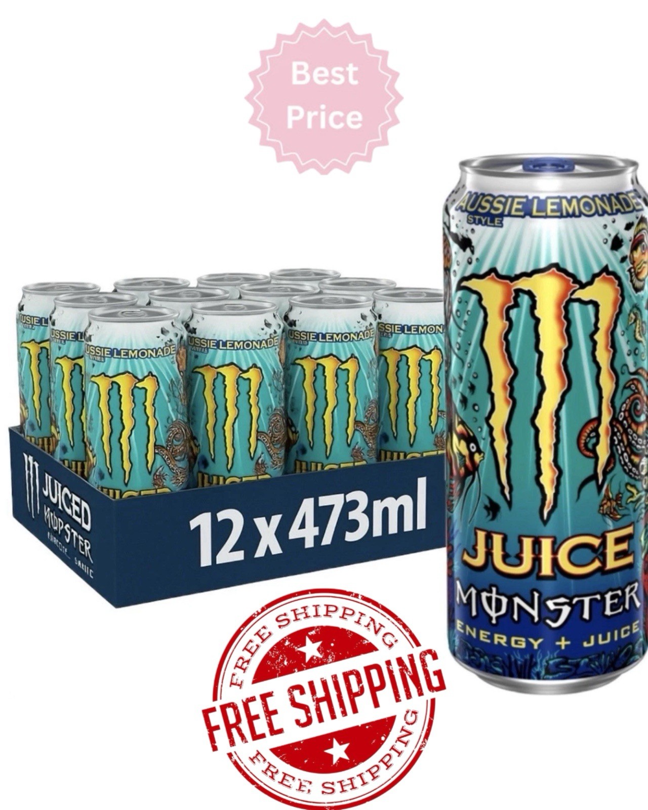 (12 Pack) Monster Juice Exotic Aussie Style Lemonade Sports Energy Drink, 16 Oz