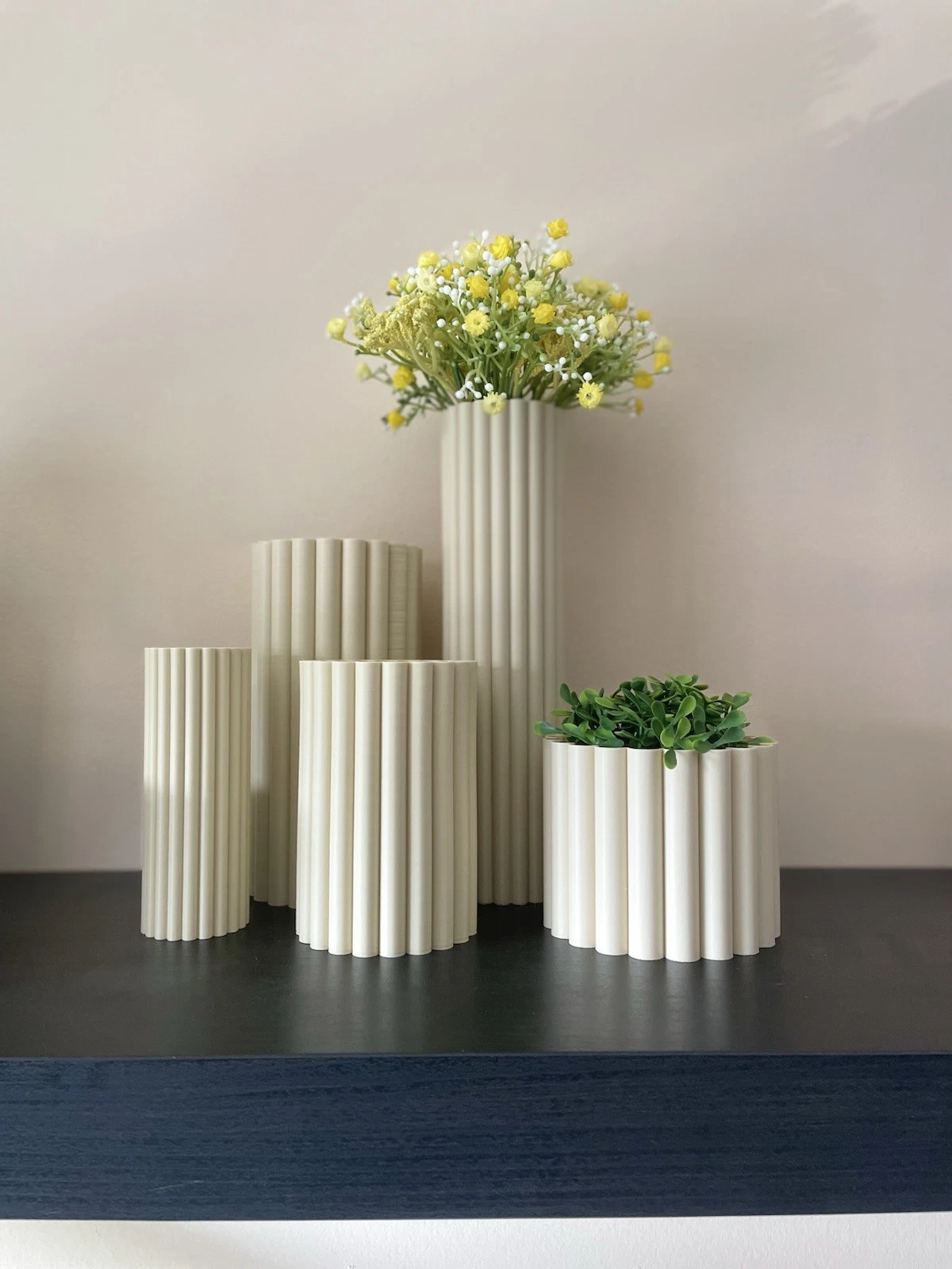 Ribbed Vase Collection Beige With Plant Pot, Eco-Friendly