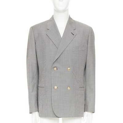 VERSACE grey wool micro houndstooth gold Medusa double breasted blazer EU50 L