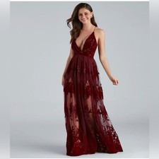 Windsor Morgan Formal Flocked Velvet Maxi Fairy Dress in Burgundy Red Small
