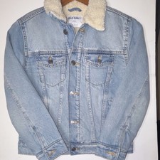 Old Navy Girls Light Blue Denim Sherpa Lined Jacket L 10-12 Long Sleeve