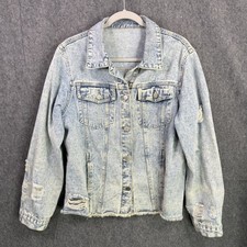 Women's XL Distressed Denim Jacket Light Wash Cotton Blend Button Up Trucker