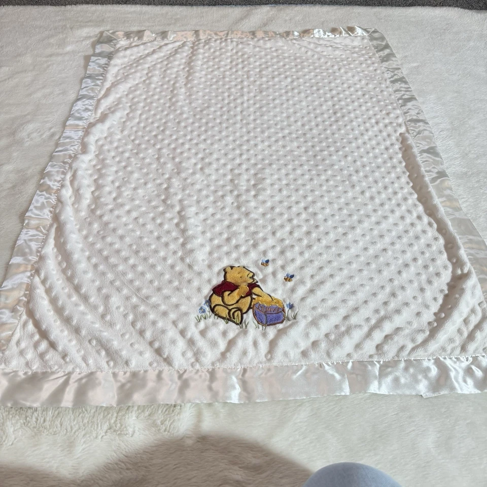 Vintage Kids Line Winnie The Pooh Baby Blanket White Minky Dot Satin Trim 29x40 - Image 4 of 4