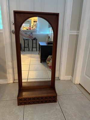 Arched Howard Miller Cheval Mirror, Wood Framed Brown, Vertical, Storage Base