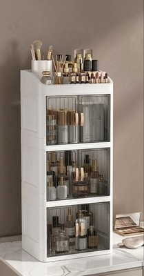 White Plastic Makeup Organizer, 3-Tier, Lidded, Stackable, Medium, Clear Doors