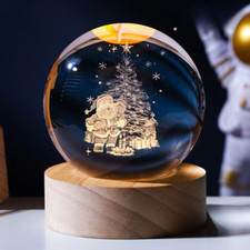 Lampada natalizia regalo sfera 3d di cristallo base legno luce lume da notte