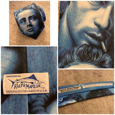 Ralph Marlin James Dean Faces Blue Neck Tie Vintage 1991 90s