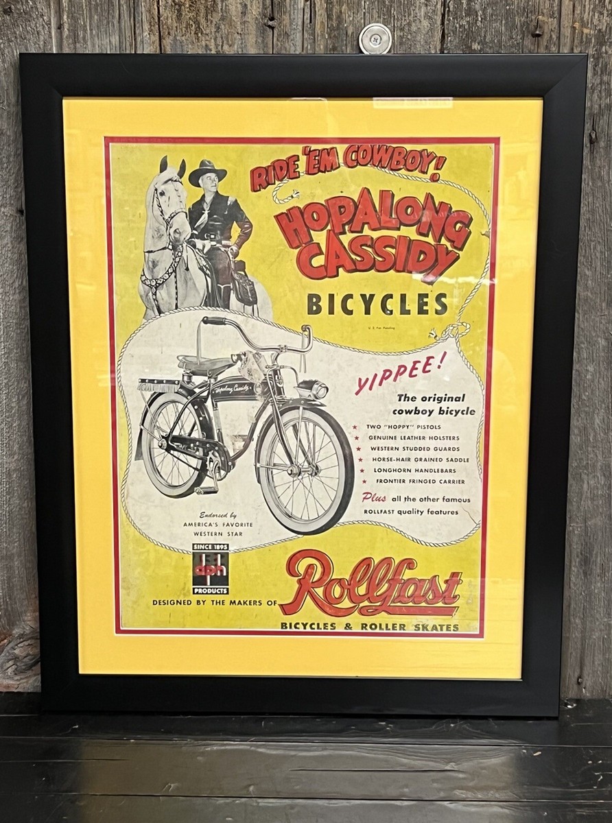 INCREDIBLE Vintage HOPALONG CASSIDY Cowboy Rollfast Bicycle Sign FRAMED