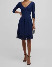 $890 Chiara Boni Women's Blue Naffy Pleated Lace-Hem Fit-&-Flare Dress Size 46