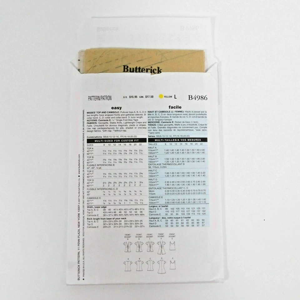 Butterick 4986 Misses Top Camisole Sewing Pattern Size 16-22 Uncut Pullover - Image 3 of 4