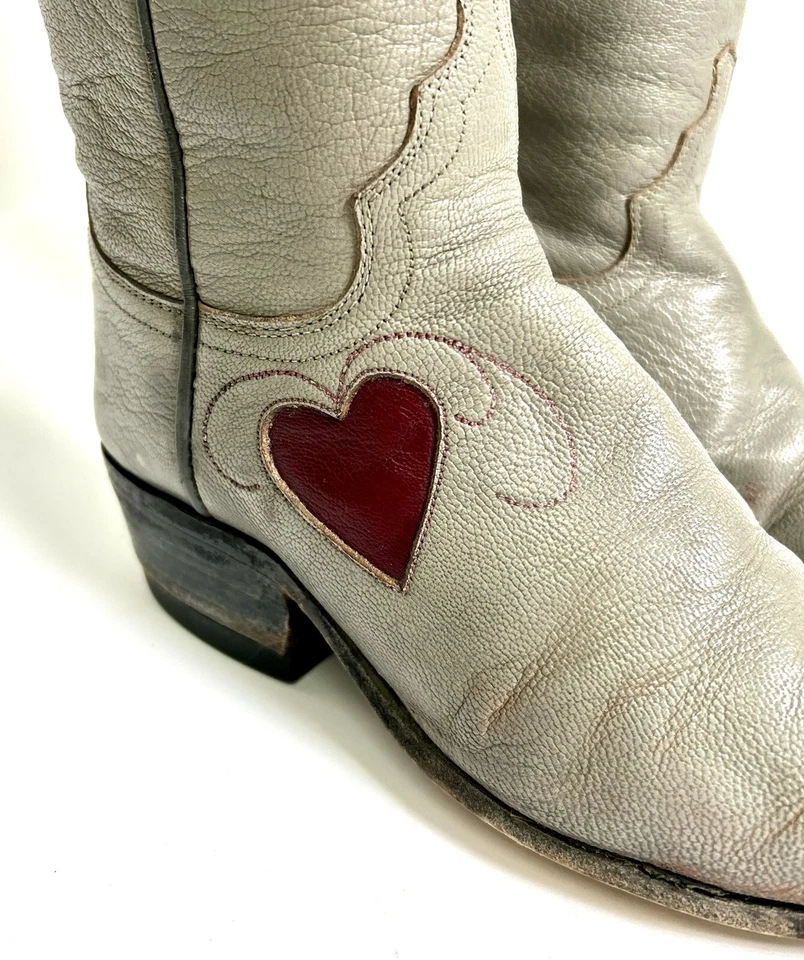 Vtg Gray + Burgundy Red Cowboy Boots with Hearts By Justin Size 5.5 - Image 3 of 4