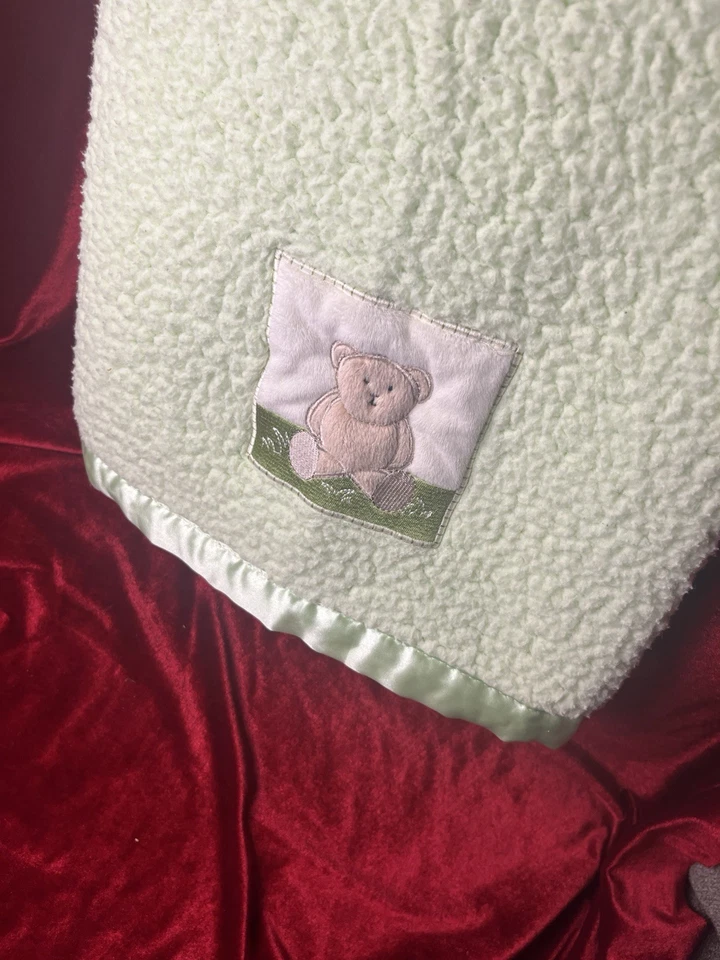 Beansprout Green Satin Sherpa Baby Blanket 30x40 Embroidered Bear Fleece Mint - Image 2 of 4