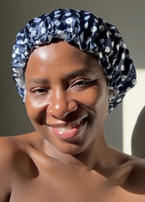 Waterproof Navy Blue White Polka Dot Large Reusable Shower Cap