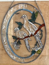 STAINED GLASS SUN CATCHER WITH BIRDS AND FLOWERS 9 X 6.5