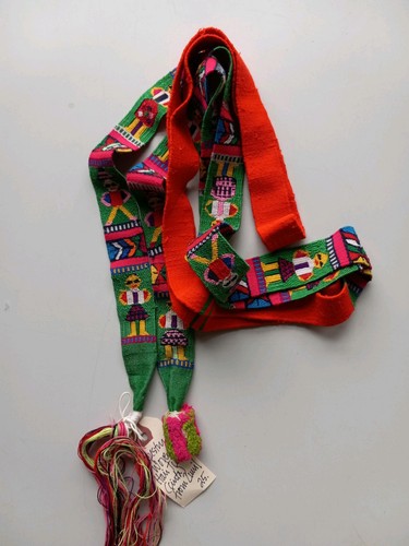 Vintage handwoven bright green orange ribbon Cinta from Zunil Guatemala tapestry
