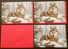 "Cardinal With Wolf", (3) Leanin' Tree Christmas Cards, New With (3) Envelopes