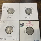 Lot Of 4 Mercury Dimes 2 1918, 1944D, & 1945 S see pictures