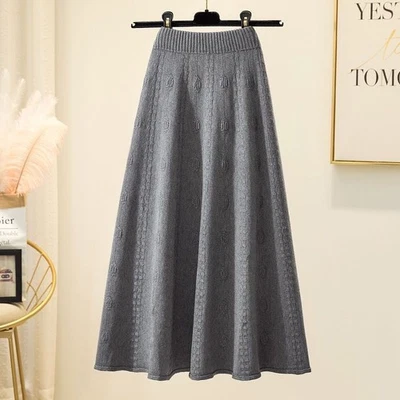 Damen Gestrickter A-Linien Rock Elastischer Hoher Bund Falten Maxi Midi Kleid - Bild 1 von 4