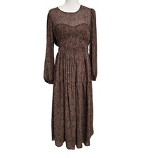 Baltic Born Brown Floral Maxi Dress Long Sleeve Smocked Waist Boho Women's Sz L