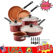 14-Piece Easy Clean Aluminum Nonstick Cookware Pots and Pans Set Saucepan Red US