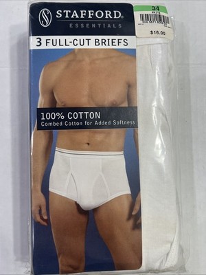 New Vintage Stafford Essentials 3 Full-Cut Briefs 100% Cotton Sealed Size 34