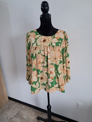 DR2 Blouse XL Green Beige Floral Print 3/4 Sleeve Square Neck Retro Boho Capsule