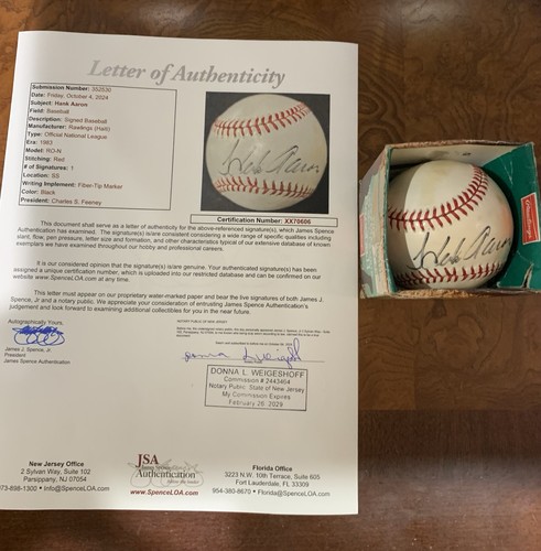 Hank Aaron Autographed Signed Auto Charles Feeney Baseball JSA 