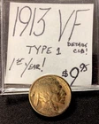 1913 Buffalo Nickel VF! Type 1! 1st Year! Details: CLD! ENN Coins