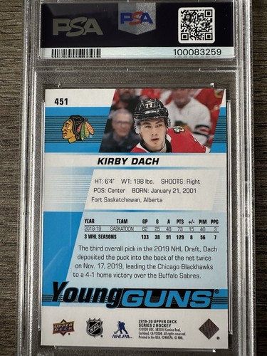 2019-20 Upper Deck Series 2 Kirby Dach Young Guns PSA 10 Low Pop - Picture 2 of 2