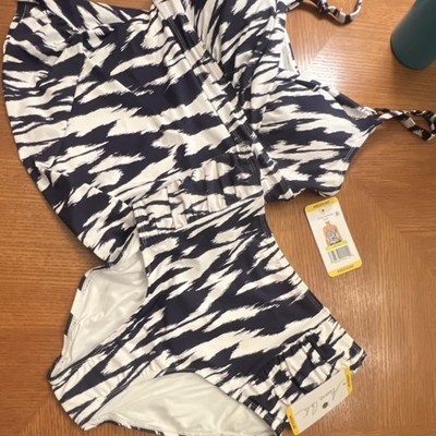 Anne Cole Navy White Ikat Adjustable Lined Tankini Set High-Waisted 2 Pc M