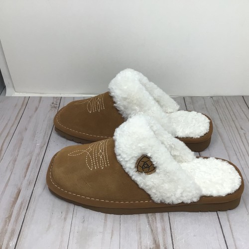ARIAT Womens Jackie Square Toe Suede Slippers Chestnut Size 8 Faux Fur Lined - Picture 2 of 8