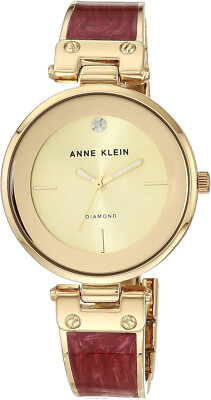 Anne Klein Women's AK/2512BYGB Diamond-Accented Gold-Tone and Burgundy Marbleize