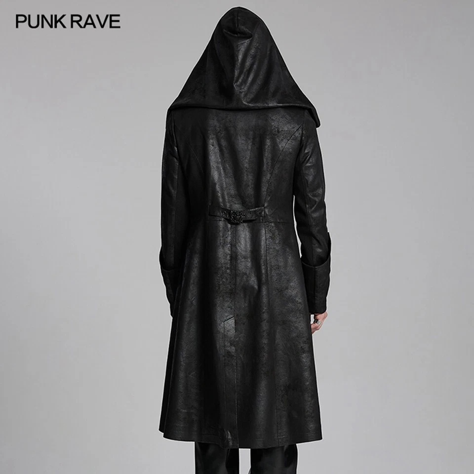 Punk Rave Negro Mago Gótico Para Hombre Chaqueta Con Capucha Cremallera Frontal Abrigo Largo De Colección Foto 3 de 4