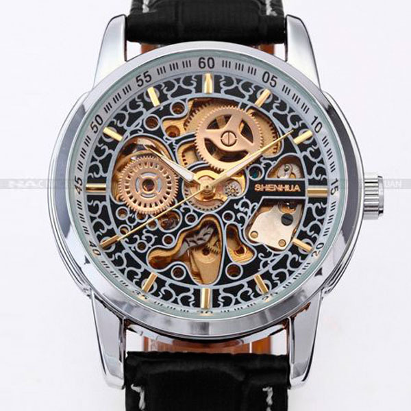 SHENHUA Skeleton Automatic Round Face Stainless Steel Leather