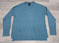Tahari Pure Luxe 100 Cashmere Sweater Teal Blue Crew Neck Women's Sz L Pockets