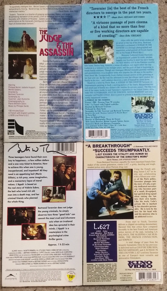 Bertrand Tavernier AUTOGRAPHED The JUDGE and the ASSASSIN,  L.627, L'APPAT 4 VHS - Image 2 of 4