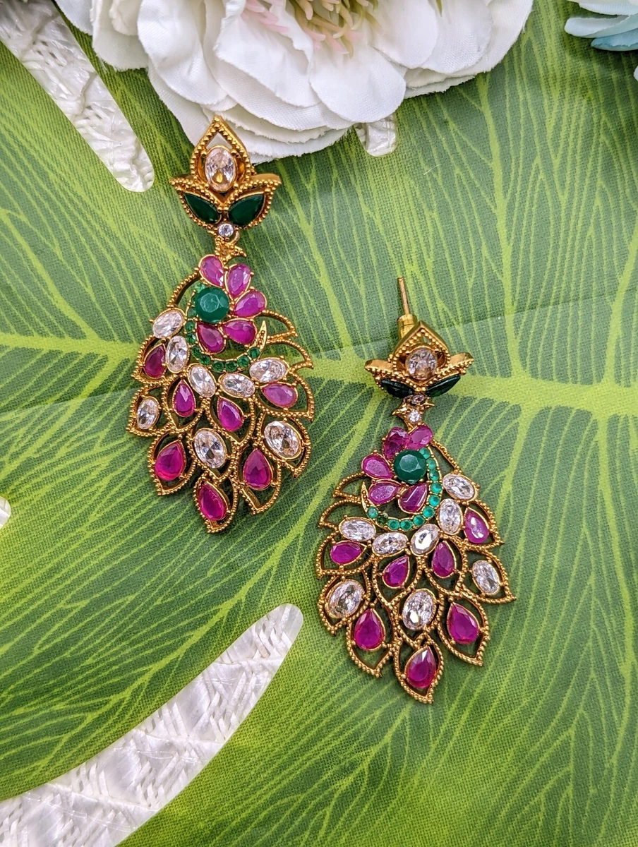 elegent Indian peacock pink white Bollywood special occasion jewellery earrings