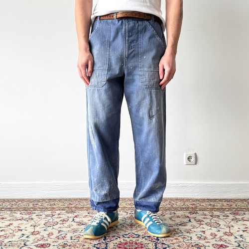 1960s Vintage French Workwear HBT Blue Faded Repaired Pants