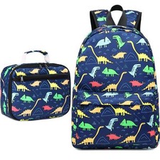 Navy Blue Dino Backpack Lunch Box for Kids 4-7 Years Preschool 15" x 11.8"