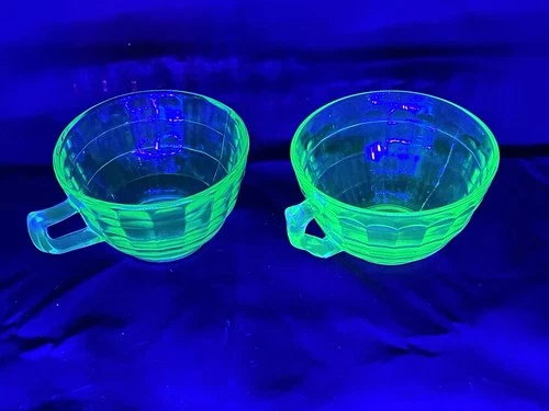 Pair of Anchor Hocking Block Optic Green Cups Vintage Uranium Glass.